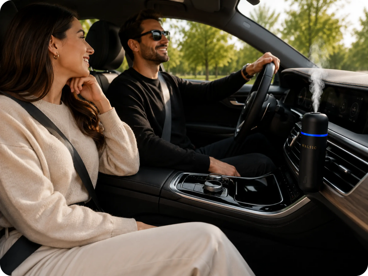WALSIC ultrasonic car aroma diffuser creating a luxury atmosphere inside a modern car for a premium driving experience
