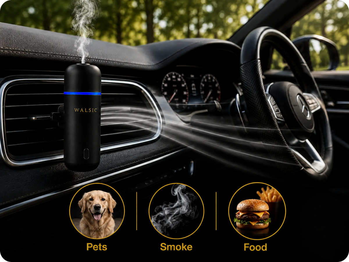 WALSIC ultrasonic car diffuser neutralizing smoke, food and pet odors inside a car.