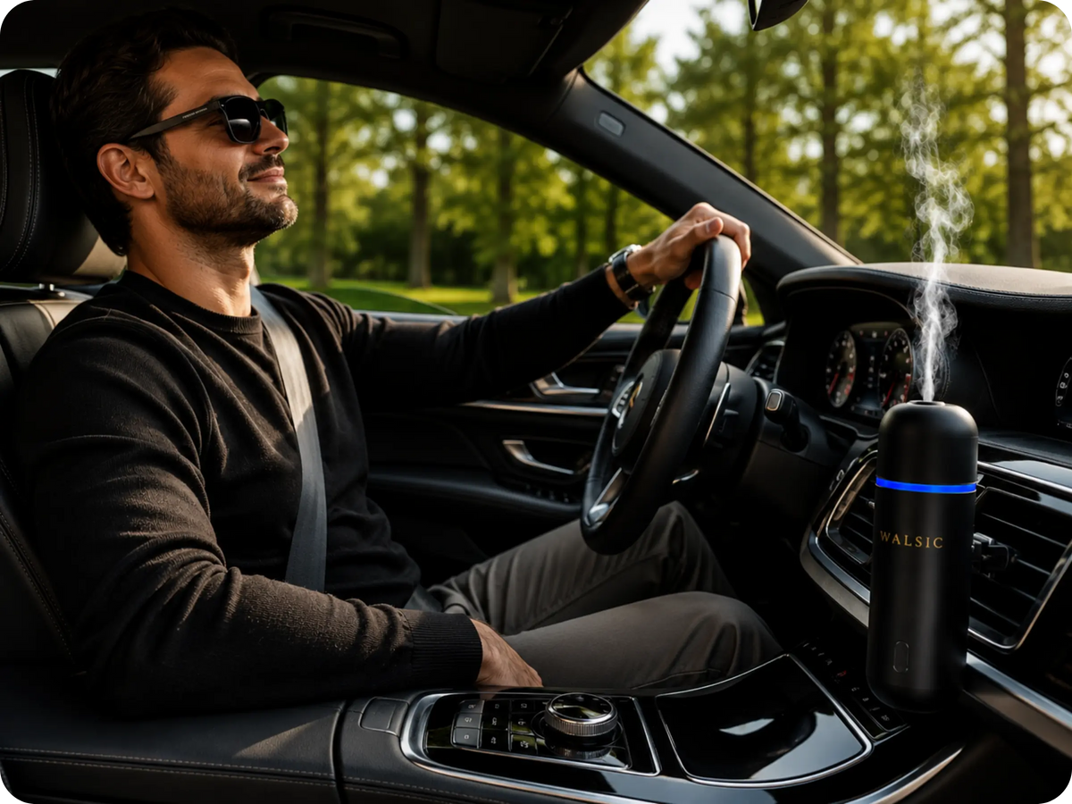 Driver enjoying a relaxing journey with WALSIC ultrasonic aroma diffuser and essential oils.
