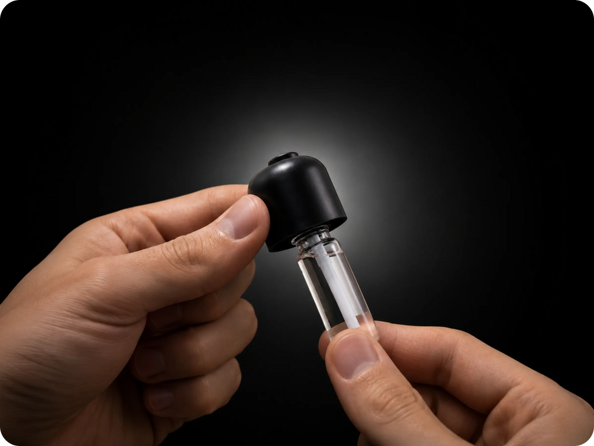 Screwing the essential oil fragrance bottle into the WALSIC ultrasonic car diffuser nebulizing head before installation.