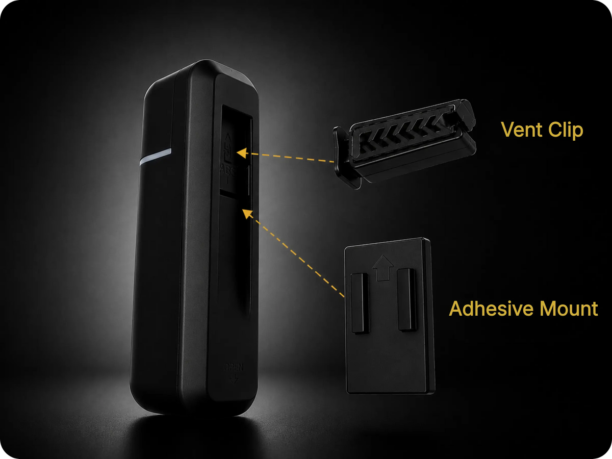 WALSIC ultrasonic car diffuser compatible with both the vent clip and adhesive mount for flexible installation in any vehicle.