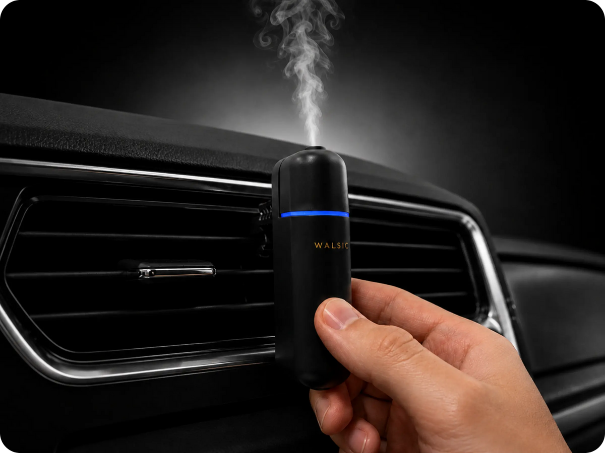 Installing and turning on the WALSIC ultrasonic car diffuser on the air vent for a luxury aromatherapy driving experience.